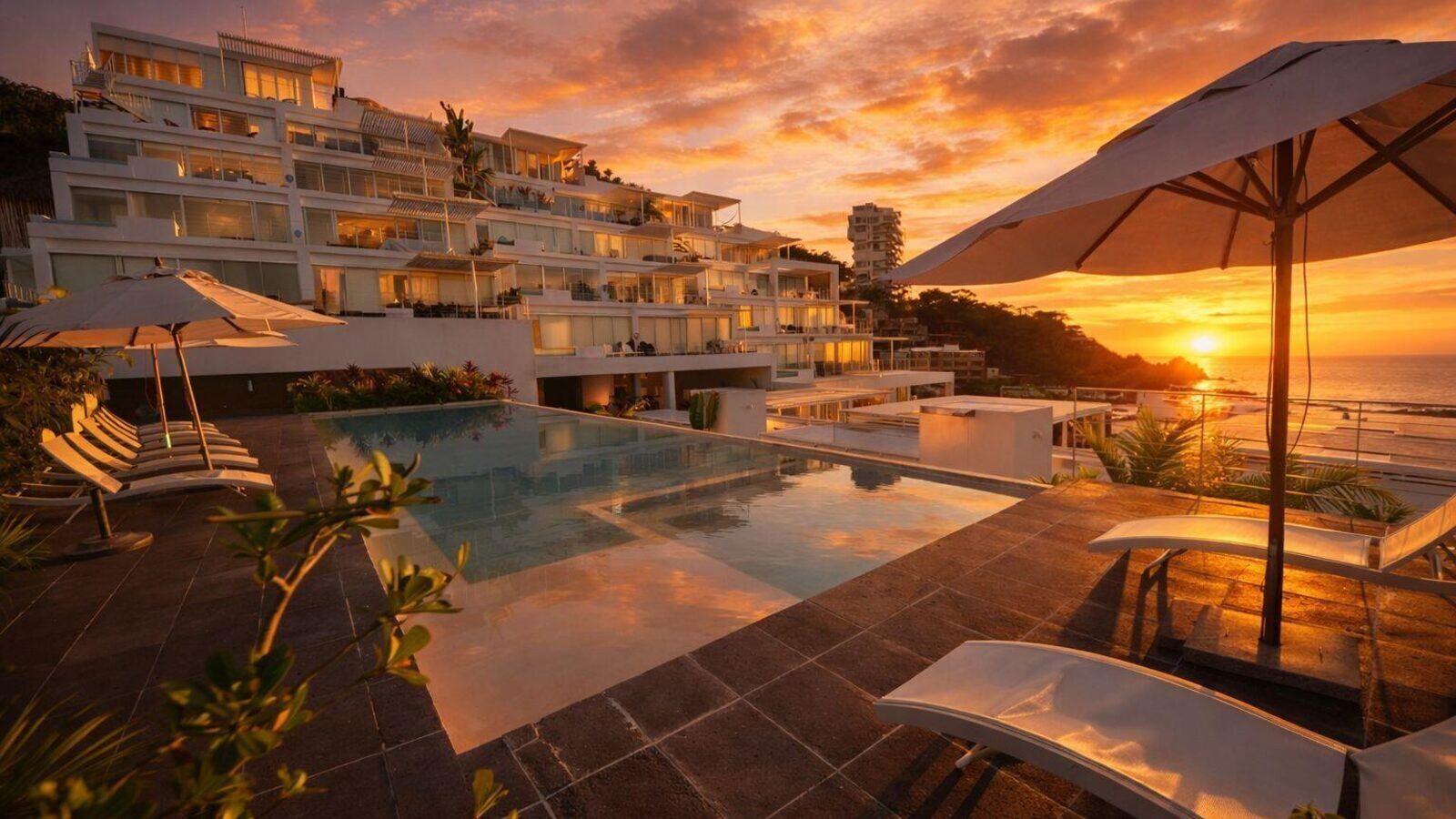 Vista al atardecer del Condominio Amapas I en Puerto Vallarta con alberca infinity, tumbonas y vista al océano Pacífico — zona exclusiva hillside