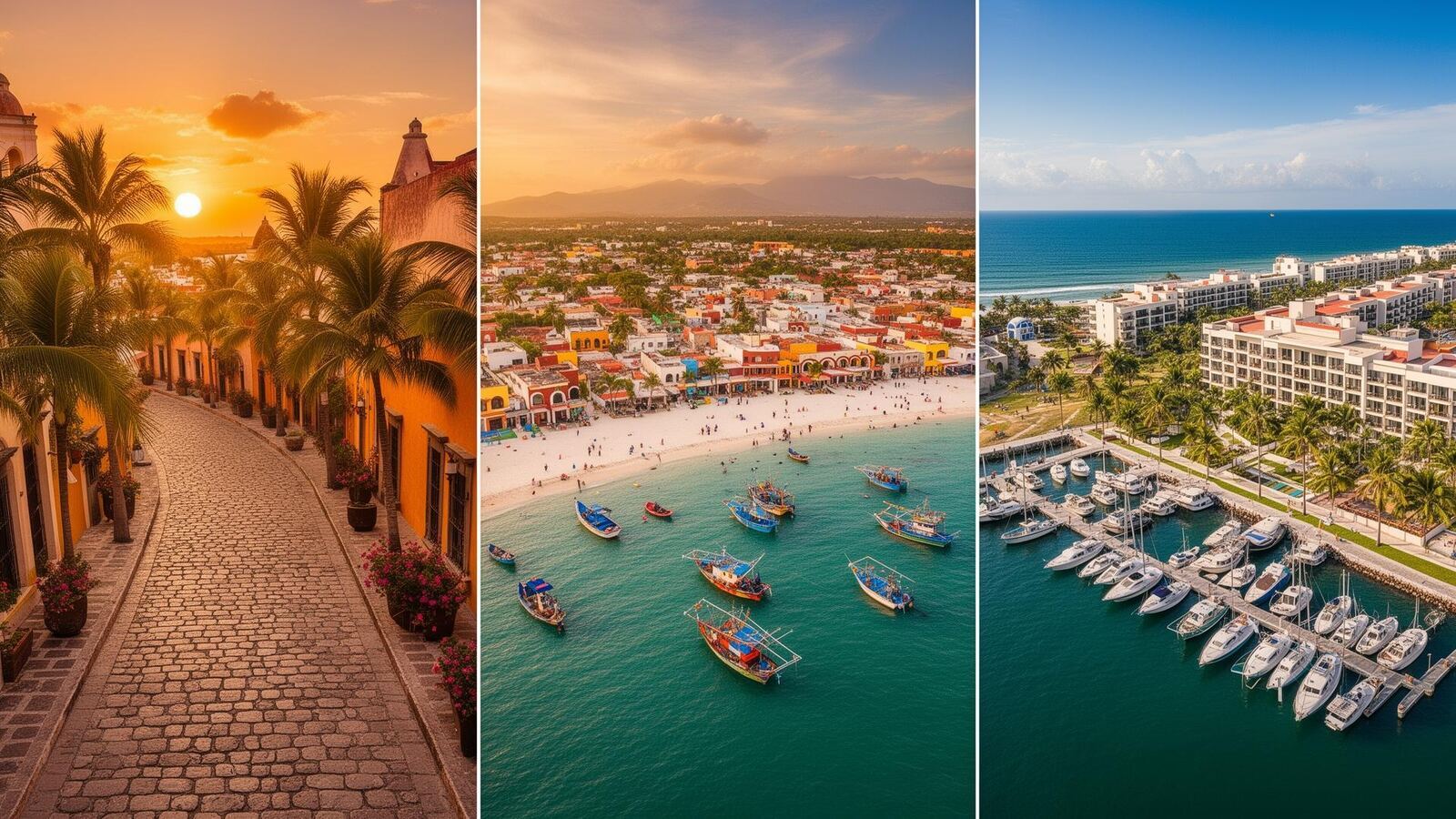 Streets and beach of the Romantic Zone in Puerto Vallarta at sunset, with restaurant and terrace life